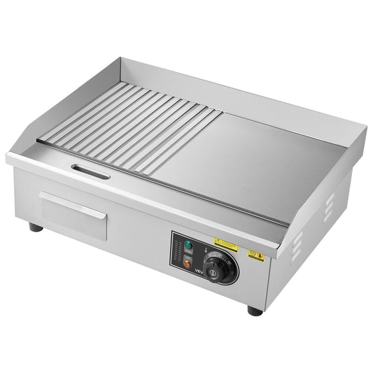 Commercial Electric Griddle, 21.06 X 11.81 Inch, 1750W, 122-570°F Adjustable Temp Control, Stainless Steel Body, Half Grooved Half Flat, With 2 Spatulas, 2 Brushes, And 4 Foot Pads, For Steak