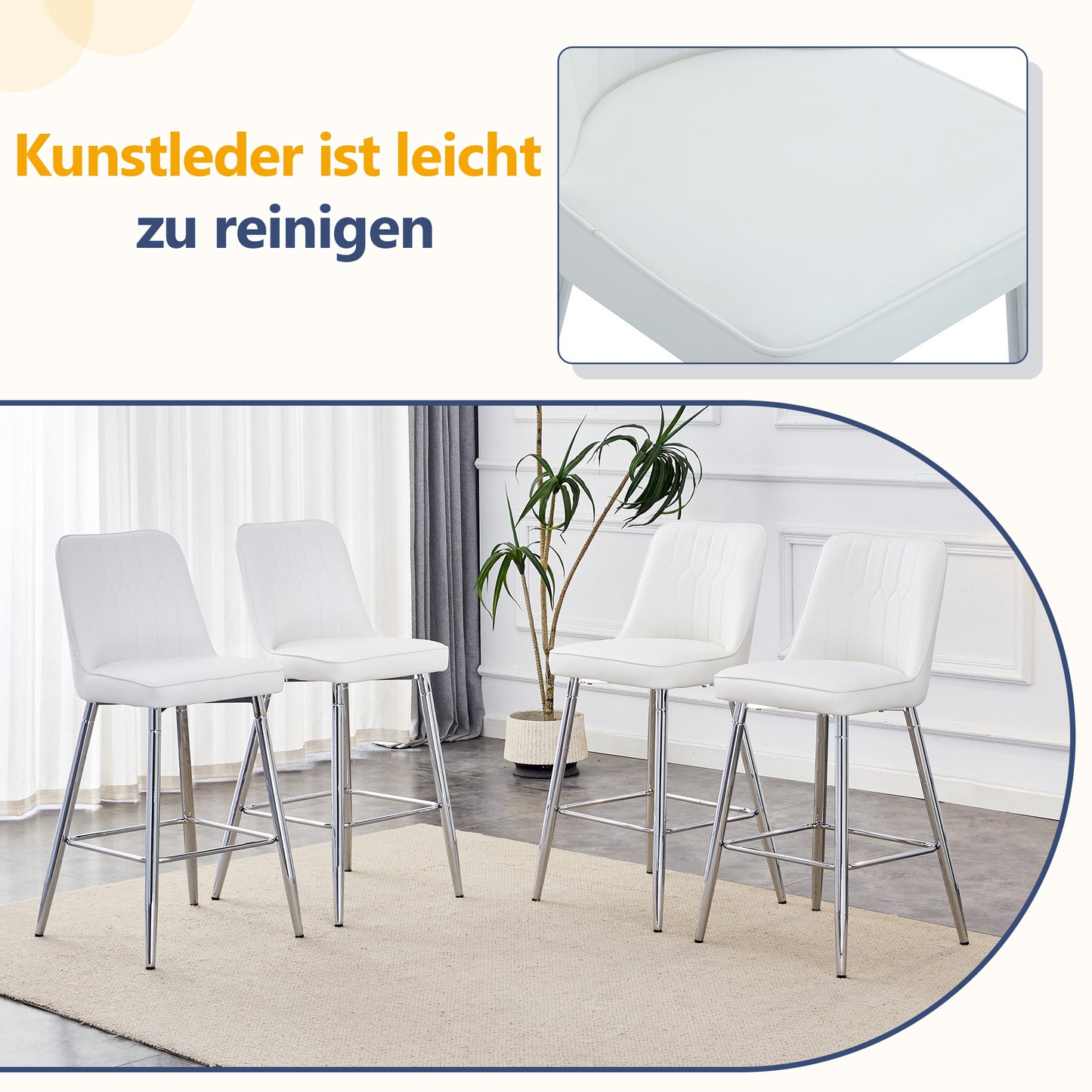 Set Of 2 Bar Stools, 100 Cm High, White PU Leather With Silver-coloured Metal Frame And Comfortable Footrest. Available In Several Colours - The Ideal Choice For Your Home Bar.