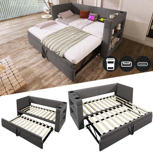 Upholstered Daybed 90x200 Cm, Single Bed Sofa Bed With Pull-out Bed, Armrests With USB & Type-C Charging Port And Cup Holder, Linen Blend, Grey, Without Mattress.