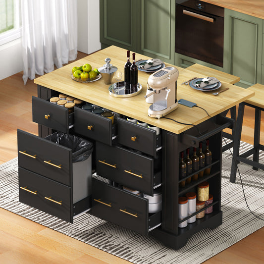 K&K Kitchen Island With 6 Drawers, Pull Out Trash Can Storage, Rolling Kitchen Island On 5 Wheels With Drop Leaf, Power Outlet, 5 Open Side Racks For Kitchen, Dining Room, Black