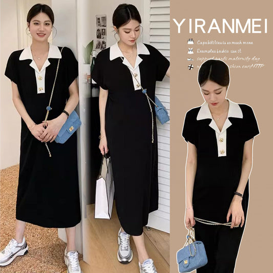 Artistic Korean-style Fashionable Elegant Lapel Maternity Dress