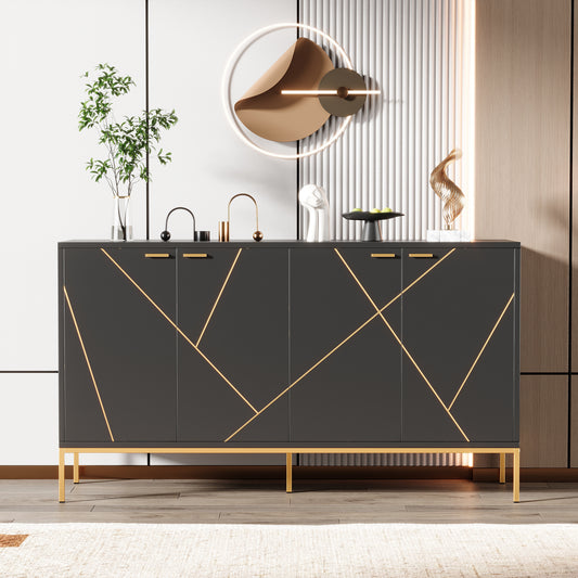 Sideboard With Four Doors, Metal Feet, TV Cabinet, Wardrobe, Linear Design With Metal Line Decor, Black Golden, Dimensions H 80cm  W 150 Cm  D 40 Cm