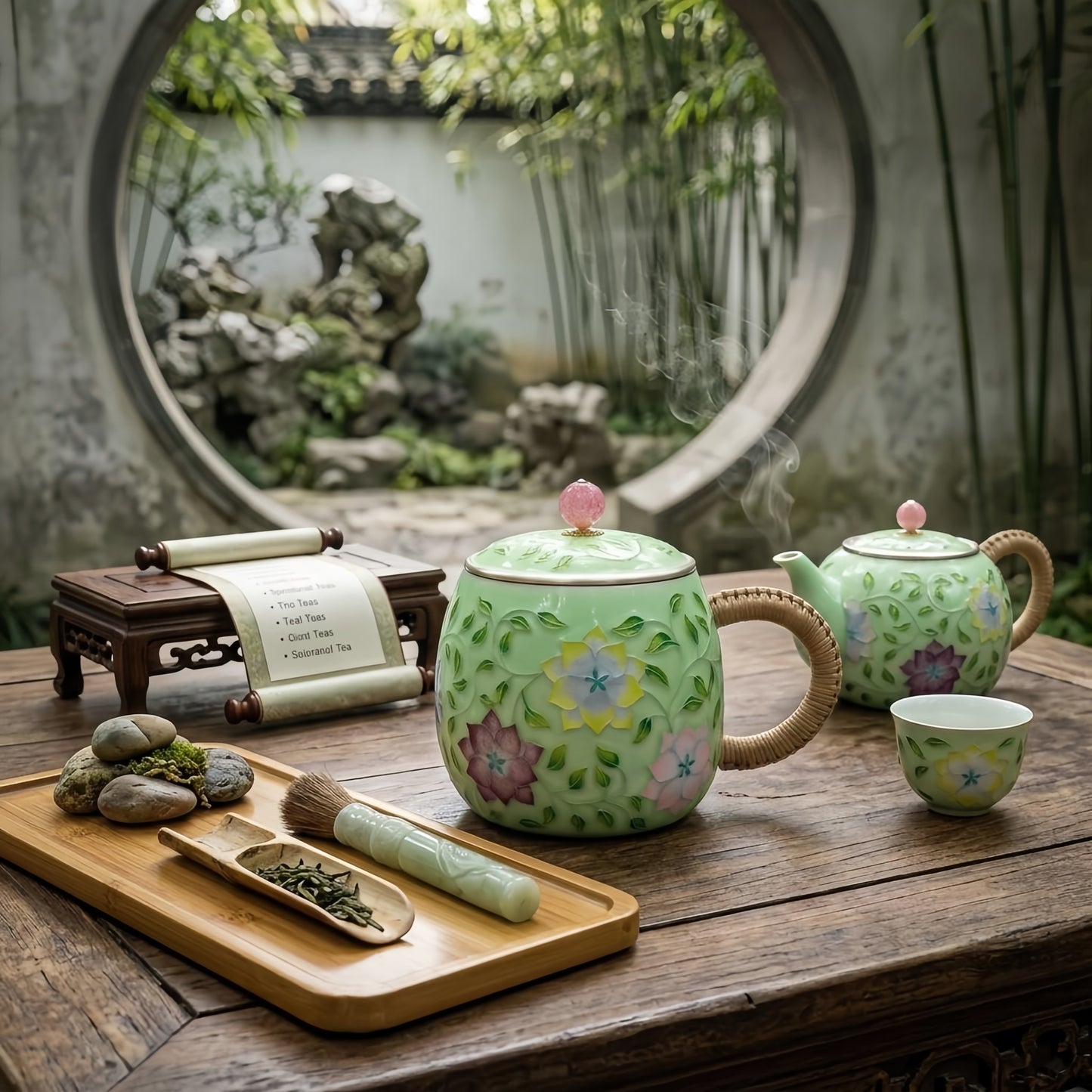 Pure 999 Fine Silver Elegant Mint Green Floral Tea Mug with Woven Handle and Rose Quartz Lid Finial - Handicraft