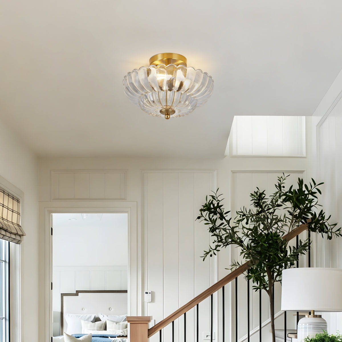 11.8 inch Semi Flush Mount Ceiling Light, 3-Light Close to Ceiling Light Fixtures with Flower Glass, Vintage Ceiling Lights for Hallway Living Room Kitchen Bedroom Bathroom, Clear