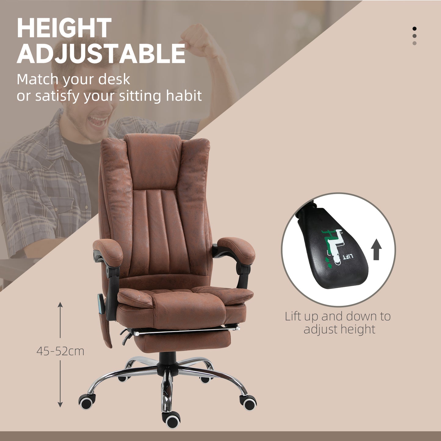 Vinsetto Office Chair With Massage And Heat, Microfibre Reclining Computer Desk Chair With Footrest And Adjustable Height, Swivel Wheels For Home Office, Brown
