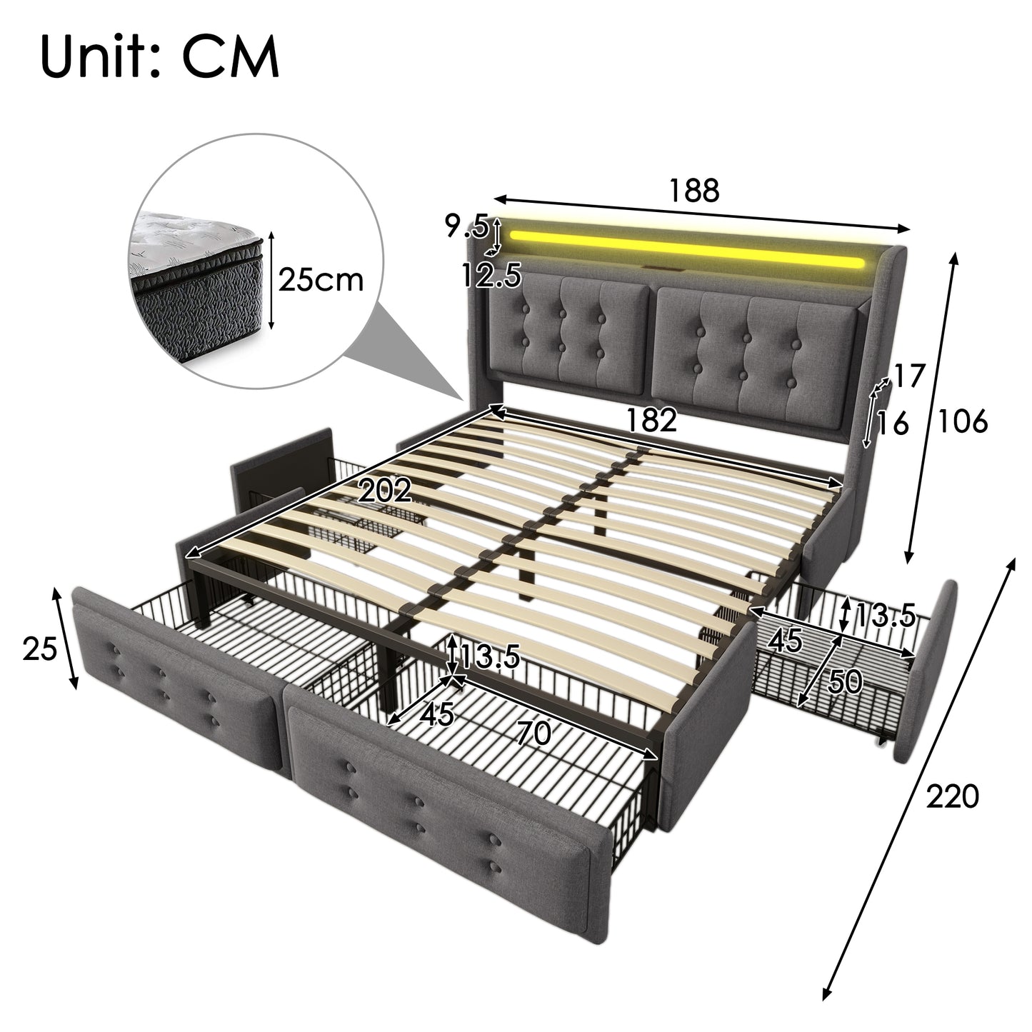 Upholstered Bed 180x200, Double Bed With LED Headboard And USB C Charging Function And 4 Drawers, Storage Beds With Wooden Slatted Base And Metal Frame, Load Capacity 300 Kg, Grey, Cotton Without Matt