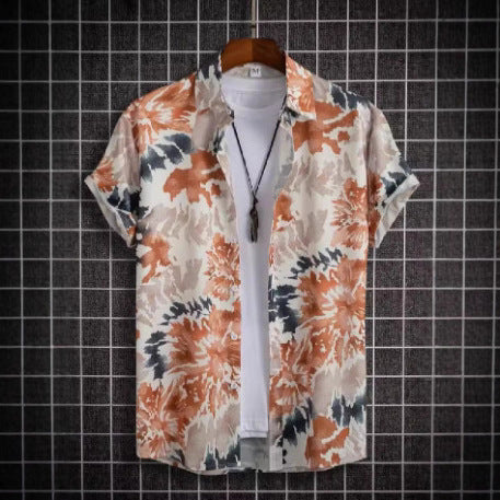 Retro-printed Short-sleeve Lapel-button Fashion Casual Jacket Shirt
