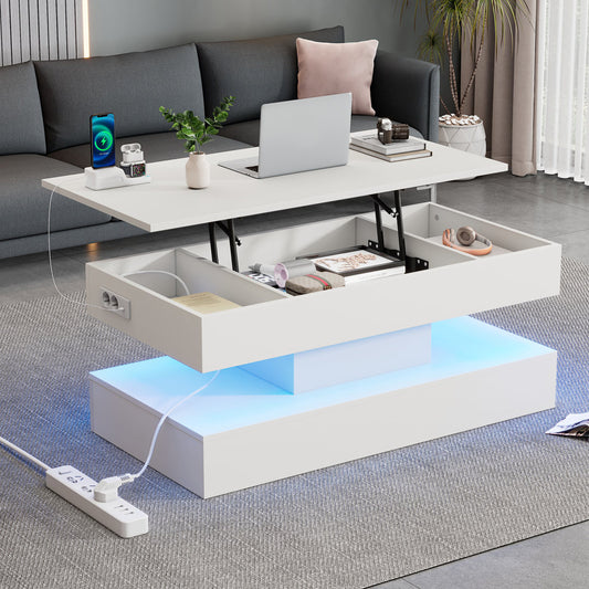 Modern Coffee Table With LED Lighting And Hidden Storage - Side Table With Hydraulic Lift, 100x50x42 Cm, 50 Kg Load
