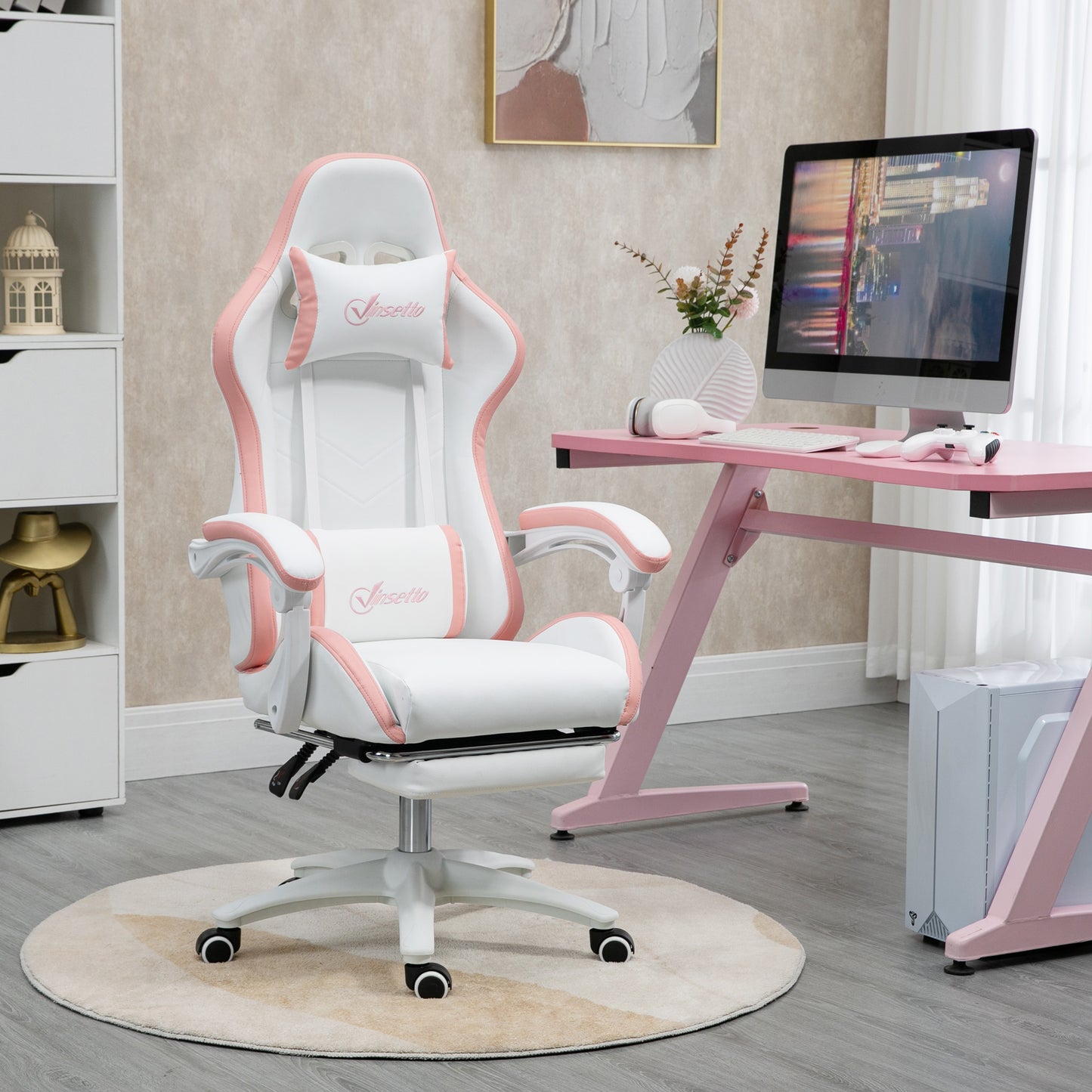 Vinsetto Computer Gaming Chair, PU Leather Office Desk Chair With Footrest, Swivel Wheels, 135° Reclining Back, Lumbar Support, Headrest For Home, White And Pink