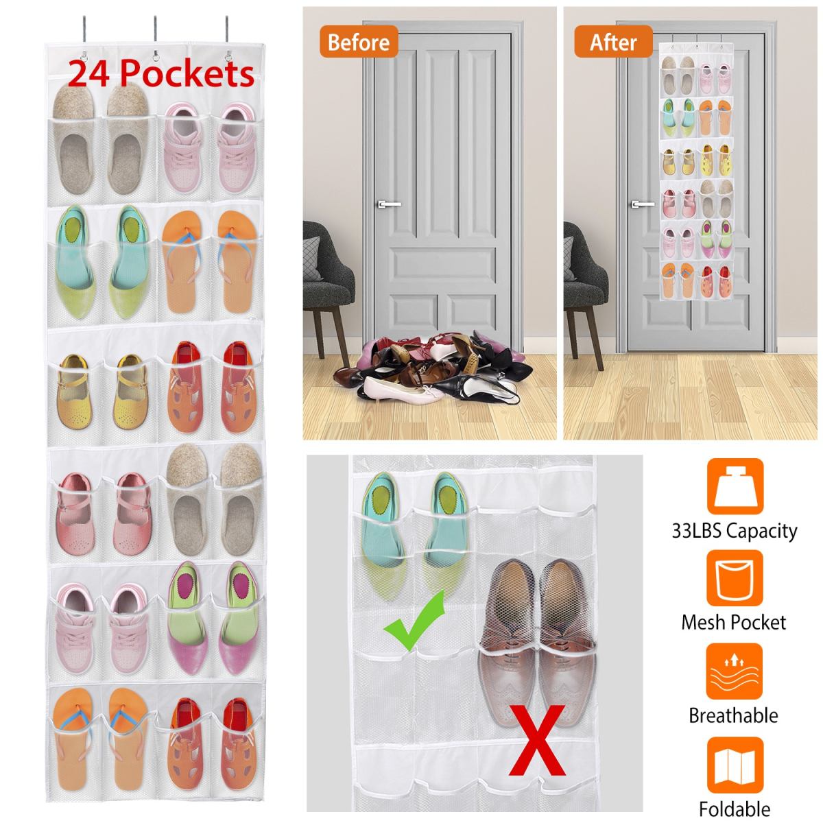 Over The Door Shoes Bag For Behind The Door 24-Pocket Crystal Clear Organizer 6-Layer Hanging Storage Shelf For Shoes Slippers Small Toys Closet Cabinet