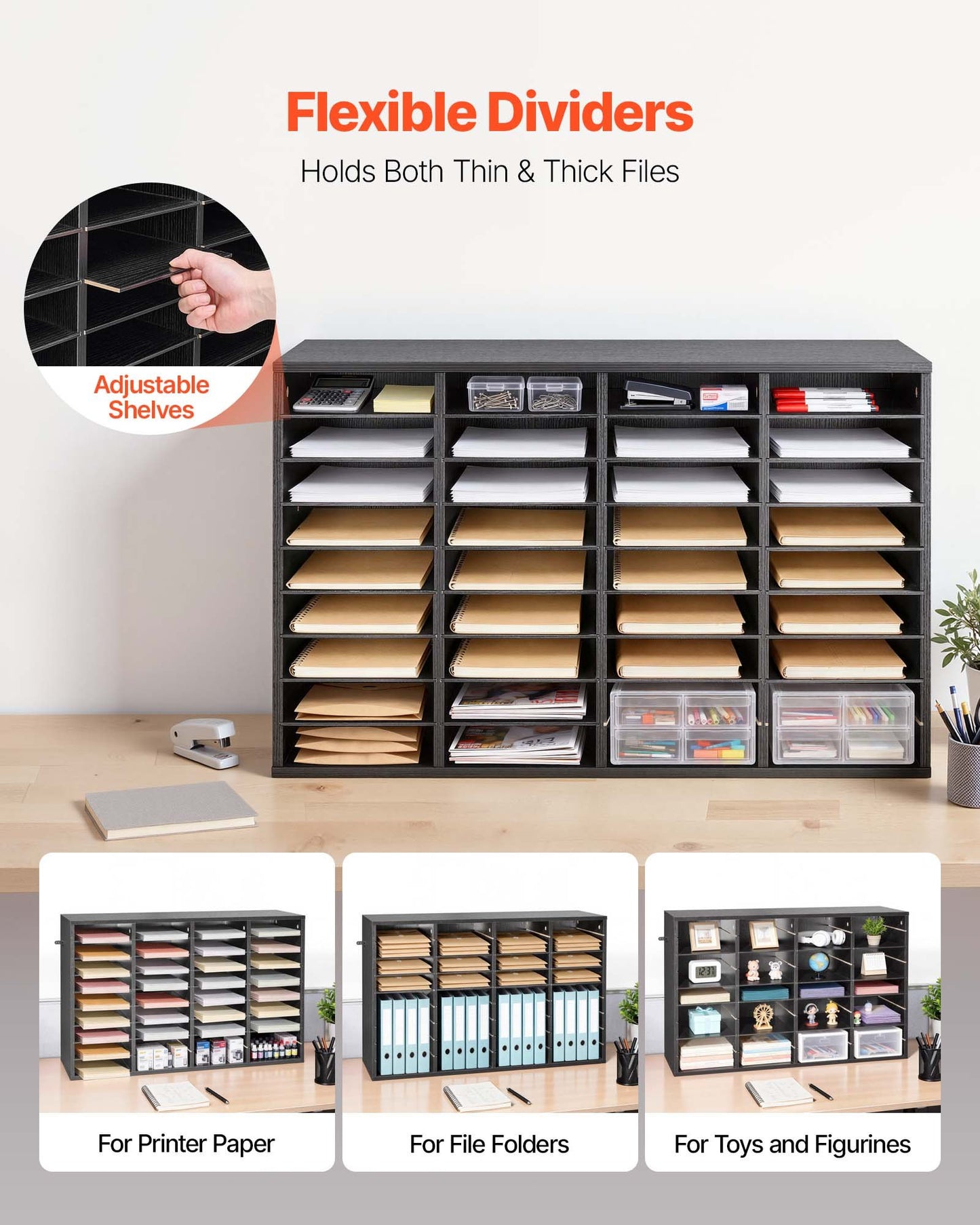 Literature Organizer, 36 Compartments Office Mailbox With Detachable Shelves, Wooden Mailbox Sorter With Particle Board, Countertop Office Home Storage Organizer For File, Document, Paper, Black
