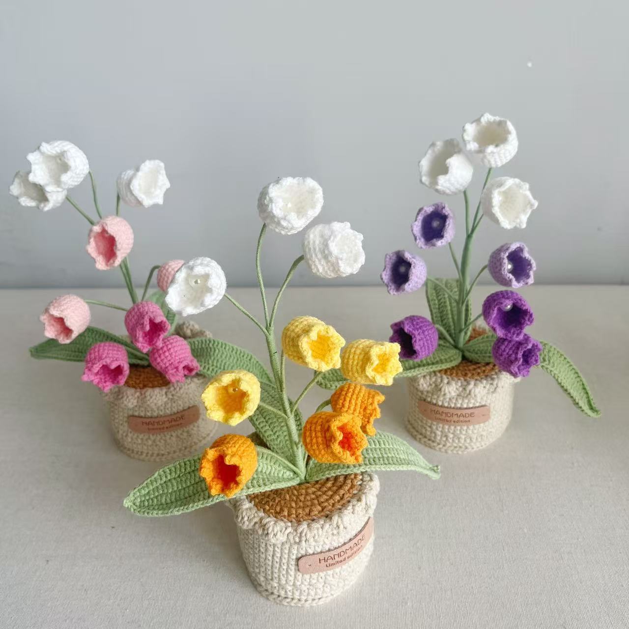 Hand Crocheted Lily Of The Valley Artificial Flowers  Potted Arrangement Decor For Indoor Table Living Room Bedroom