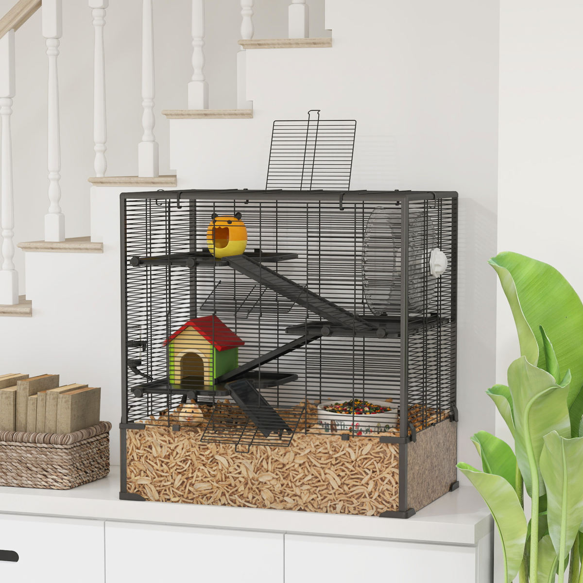 4 Tier Hamster Cage with Deep Tempered Glass Bottom, Running Wheel, Hut, Water Bottle, Food Dish, 31" x 19" x 31.5"
