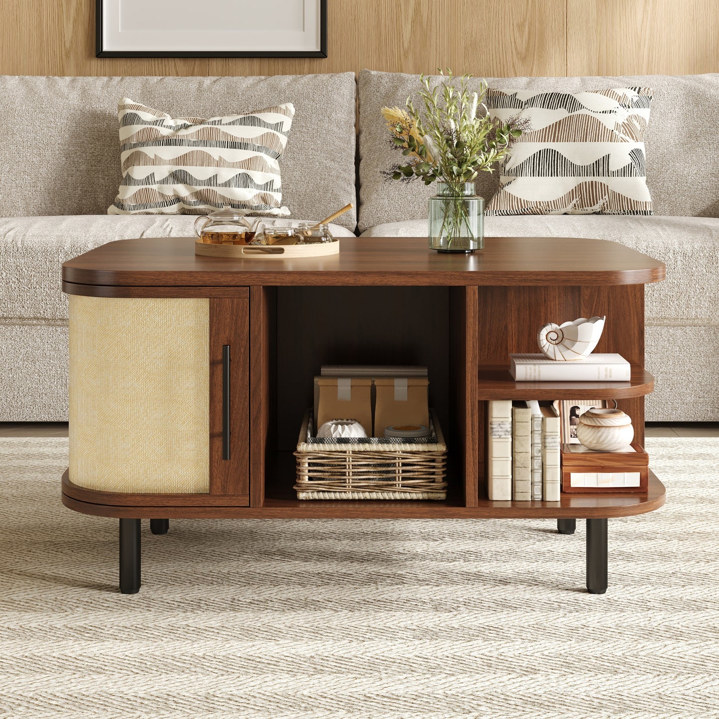 Coffee Table, Side Table, Curved Shape, Braided Surface, MDF Body, Metal Handles, Metal Legs, Storage, Living Room Table