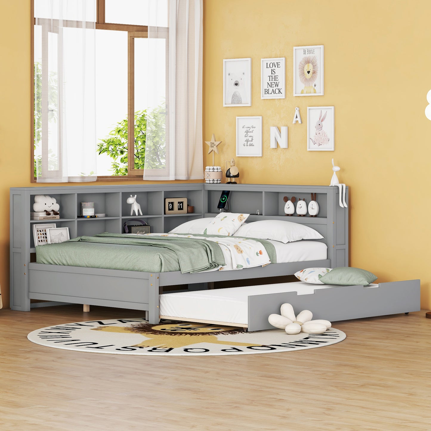 Wooden Full Size DayBed With Twin Size Trundle, DayBed With Storage Shelf And USB Charging Ports,Grey