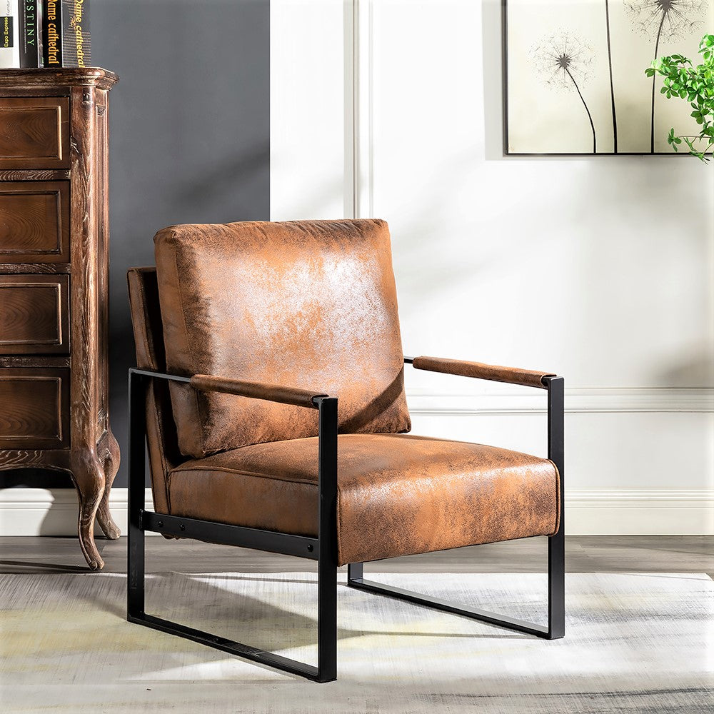 Classic Mid Century Modern Accent Chair With Durable Square Metal Frame, Armchair For Living Room, Bedroom, Home Office In Spotted Microfiber Upholstery, Yellow Brown
