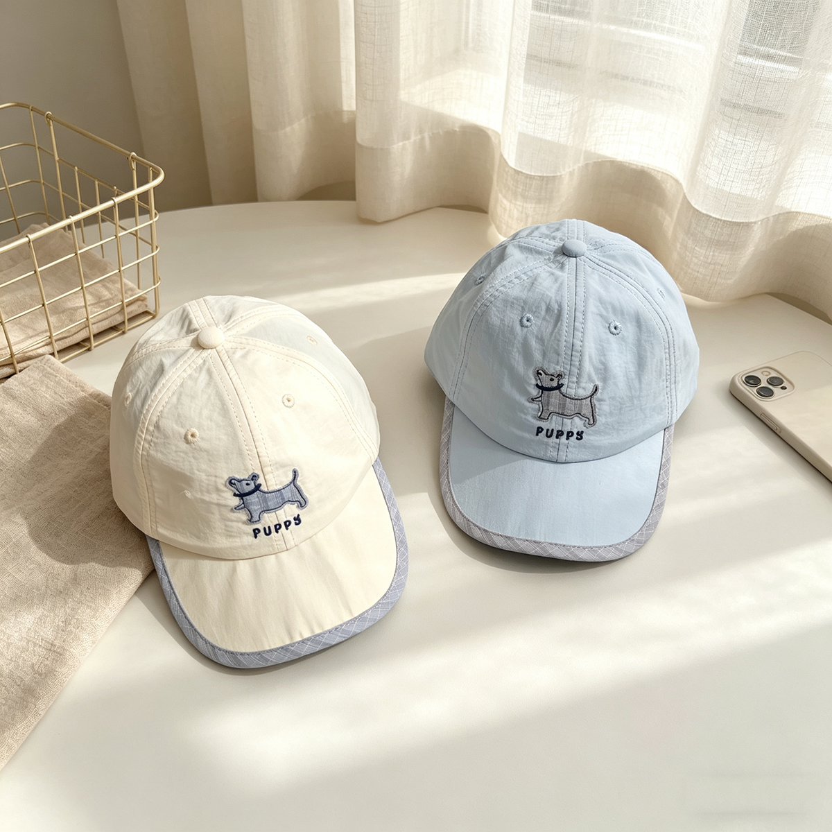 Children's Single-color Striped Plaid Bordered Dog-patterned Water-resistant, Lightweight, Simple And Stylish Casual Baseball Cap Suitable For Outdoor Activities