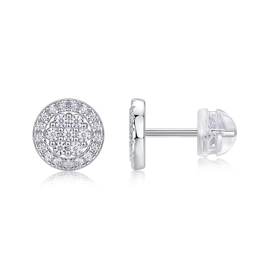 S925 Sterling Silver Round Halo Stud Earrings, D-VVS1 Moissanite Pave Cluster, Platinum Plated 1.4g Women's Jewelry Gift Box
