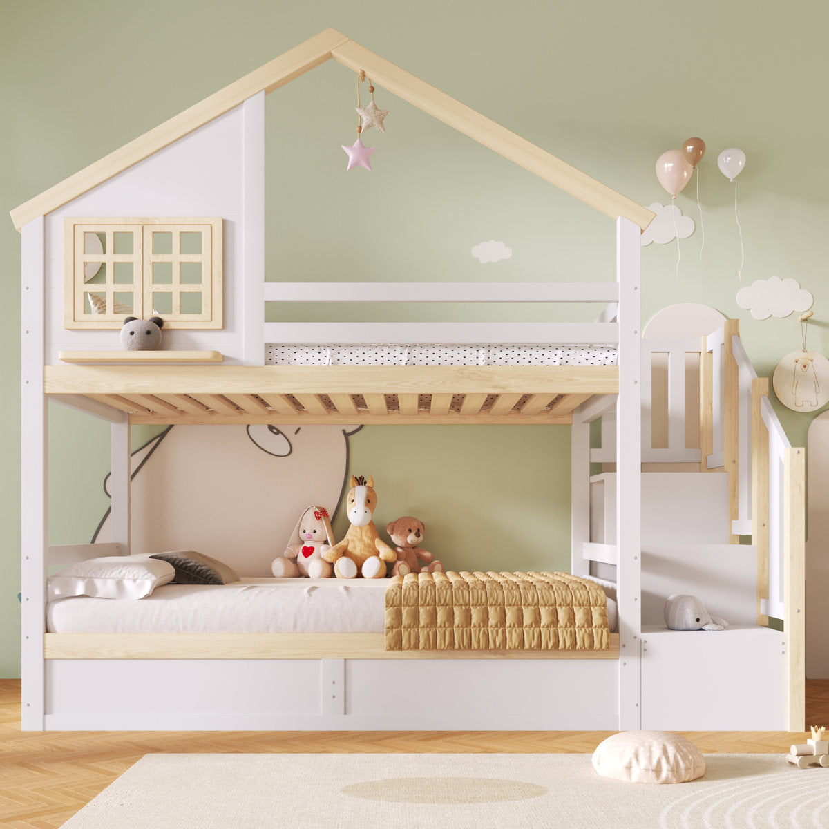 Bunk Bed, 90x200cm, Hydraulic, With Bed Rail, Storage Space Under The Bed, Window And House Decoration, White Natural