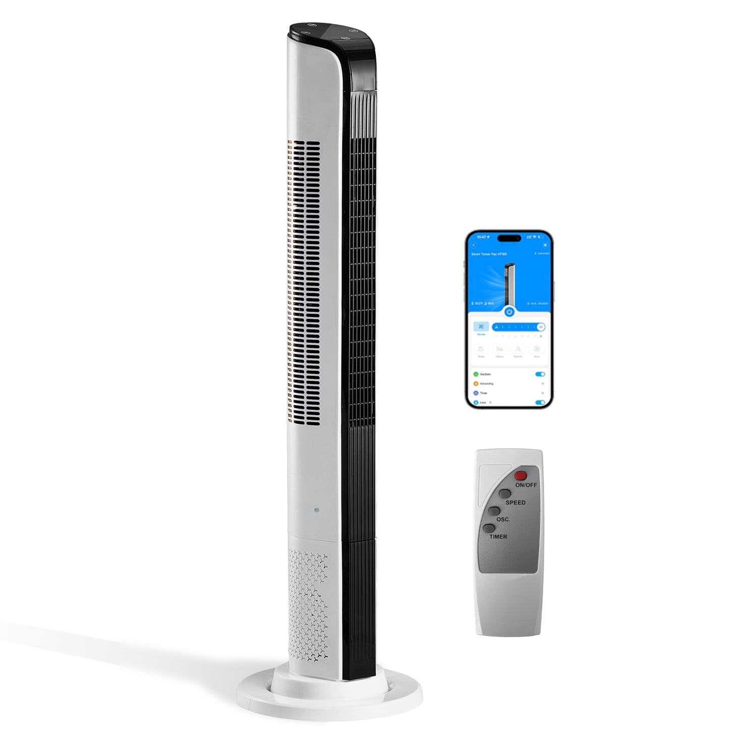 42 Inch Smart Tower Fan, 110V 65W All-Copper Motor Bladeless Standing Fan, Remote WiFi APP Control, Digital Display, 3 Speeds 3 Modes, 12H Timer, Space Saving Tower Fan For Bedroom Living Room, No Wat