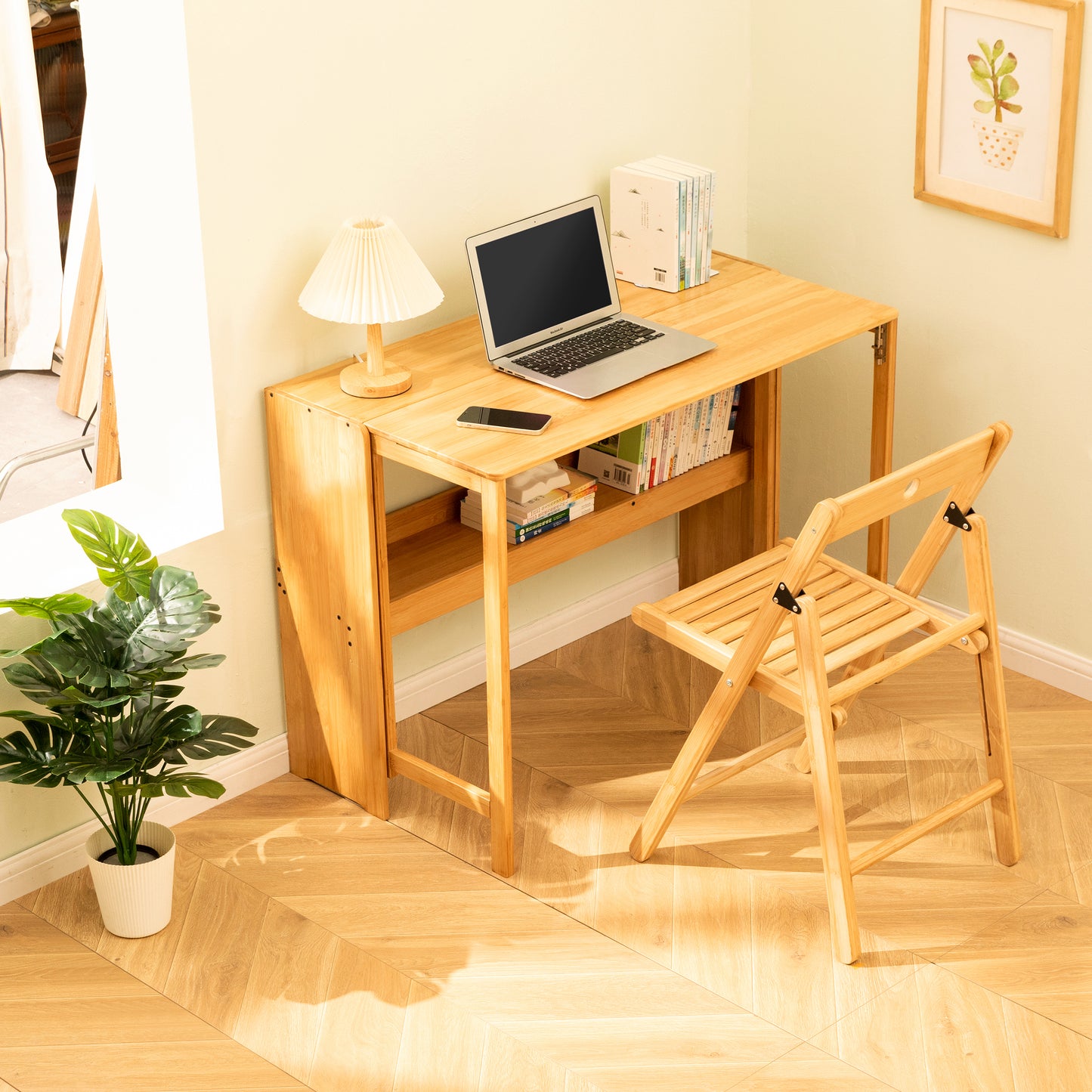 Bamboo Folding Desk, Space-Saving Computer Desk For Small Spaces, Foldable Study Table For Bedroom, Home Office, Dorm, Apartment, Natural Color