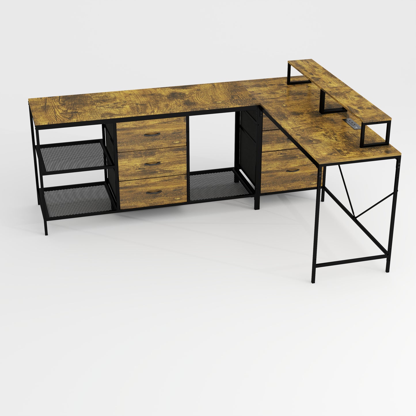 114 Inch L-Shaped Desk With Power Outlets & USB-C, Industrial Computer Desk With 6 Fabric Drawers, 3 Open Shelves & Movable Monitor Stands, Large Corner Office Desk For Gaming, Rustic Brown