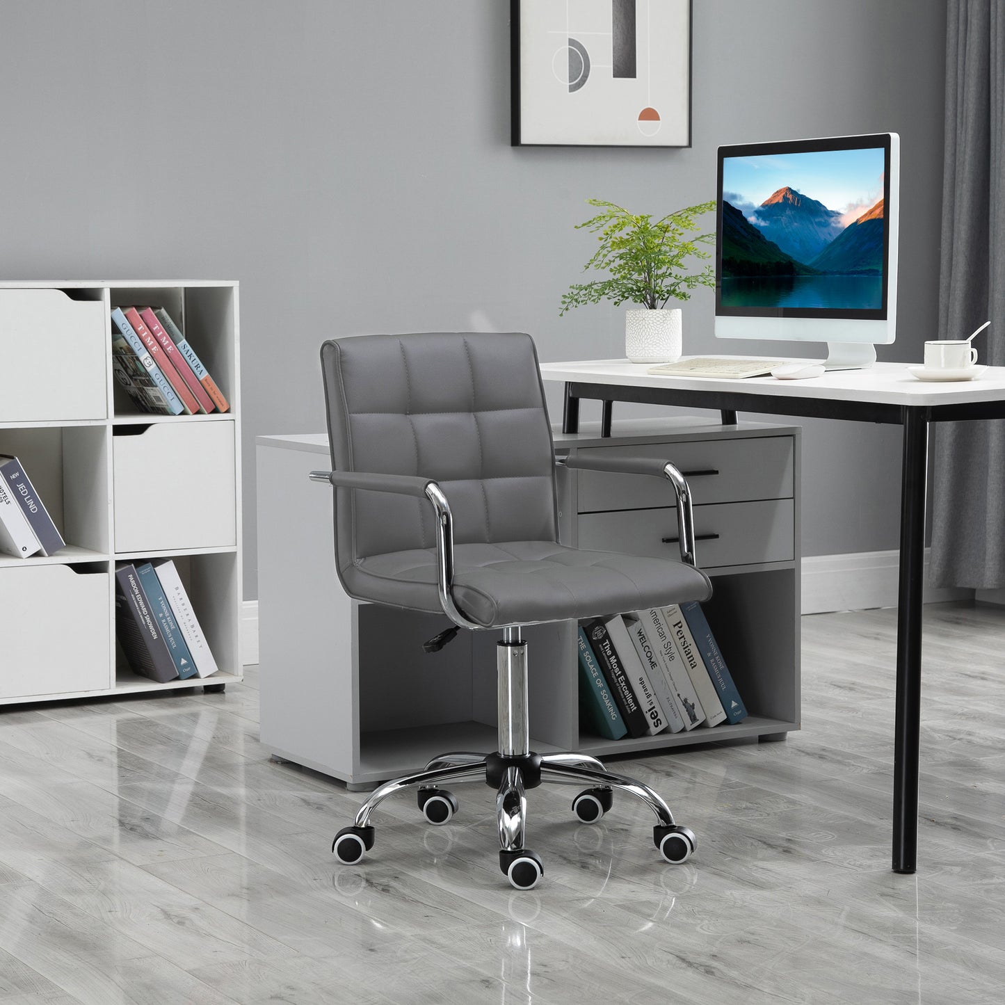 Vinsetto PU Leather Home Office Desk Chair, Computer Chair With Mid Back, Arm, Swivel Wheels, Adjustable Height, Grey