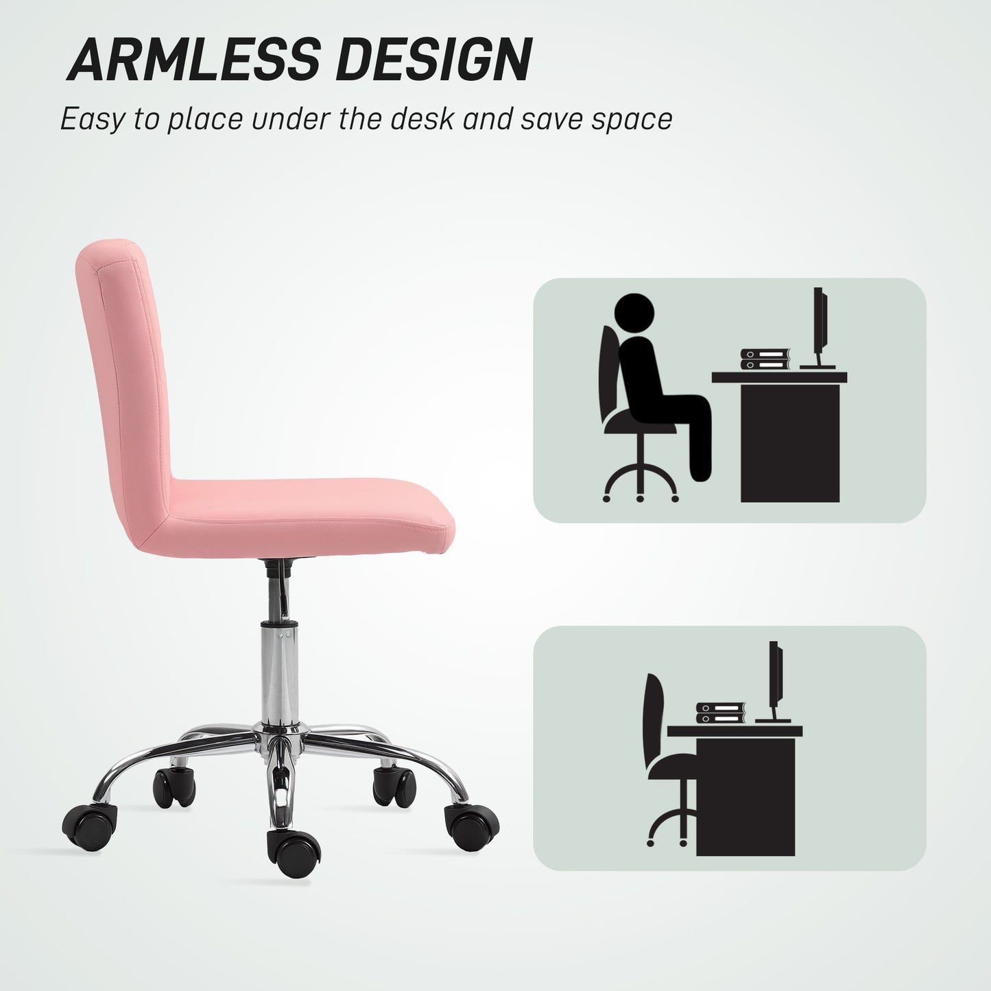 PU Leather Armless Office Chair, Modern Vanity Computer Swivel Chair With Rolling Wheels And Adjustable Height For Home Study, Bedroom, Pink