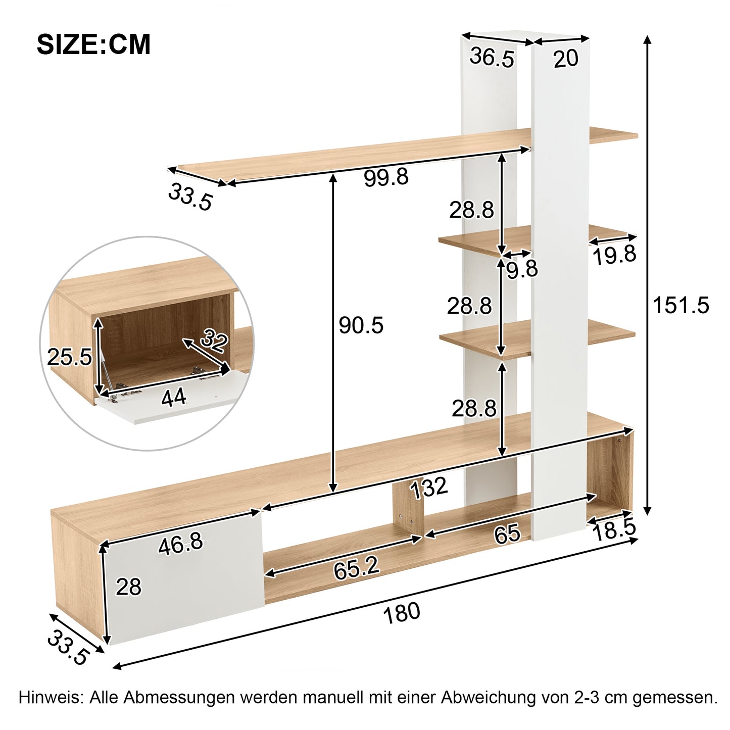 Home Living Room Wall Unit, Living Room Furniture Set 180 X 33.5 X 151.5 Cm, Suitable For TVs Under 60 Inches, Modern Oak White TV Cabinet, Lowboard, TV Wall Unit Set, Living Room Furniture Set