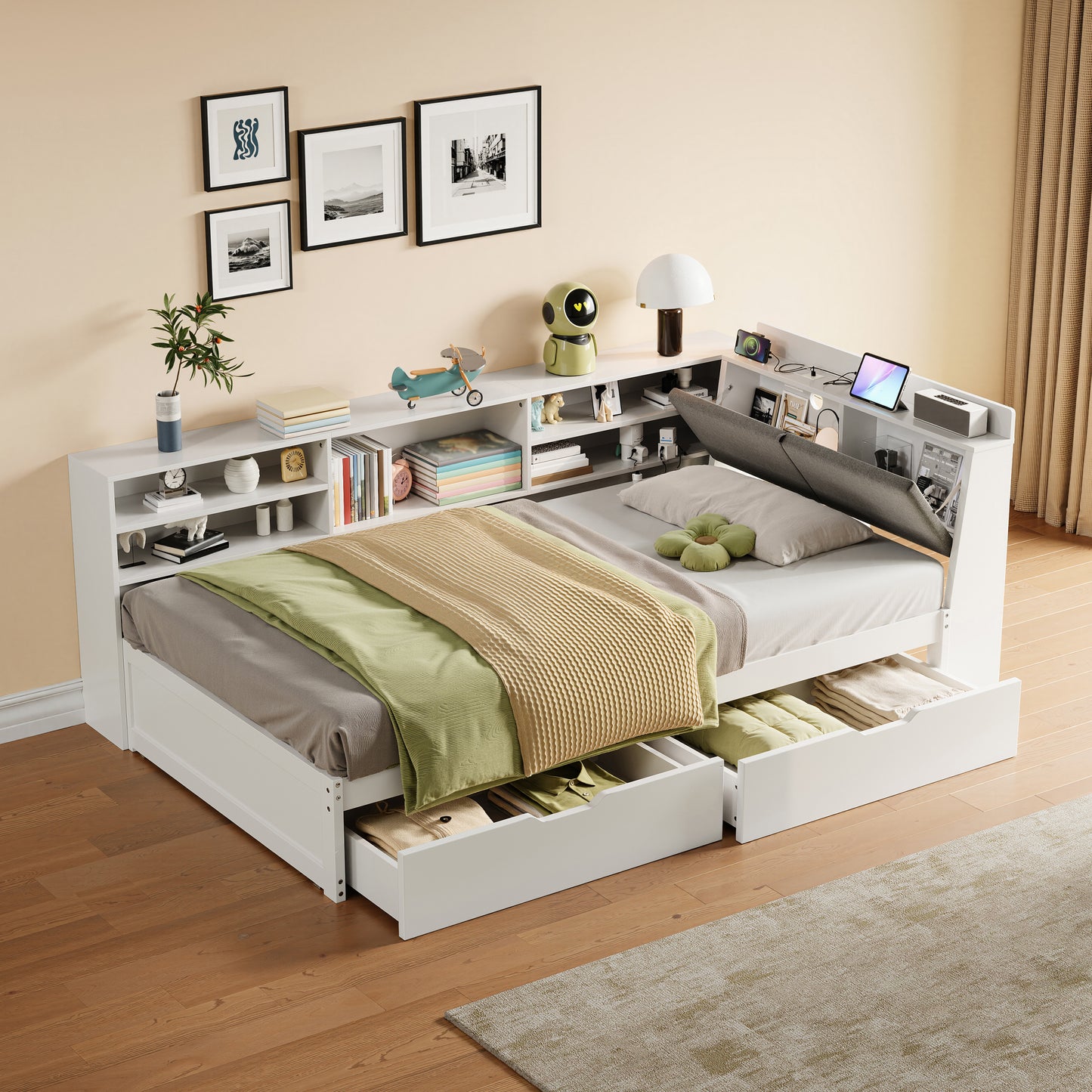 3ft Single L-Shape Daybed With Two Storage Drawers And Bookcase Storage, Linen Concealed Headboard Storage With Charging Station, Wood Bed For Living Room  Bedroom  Study Room, White  No Mattress