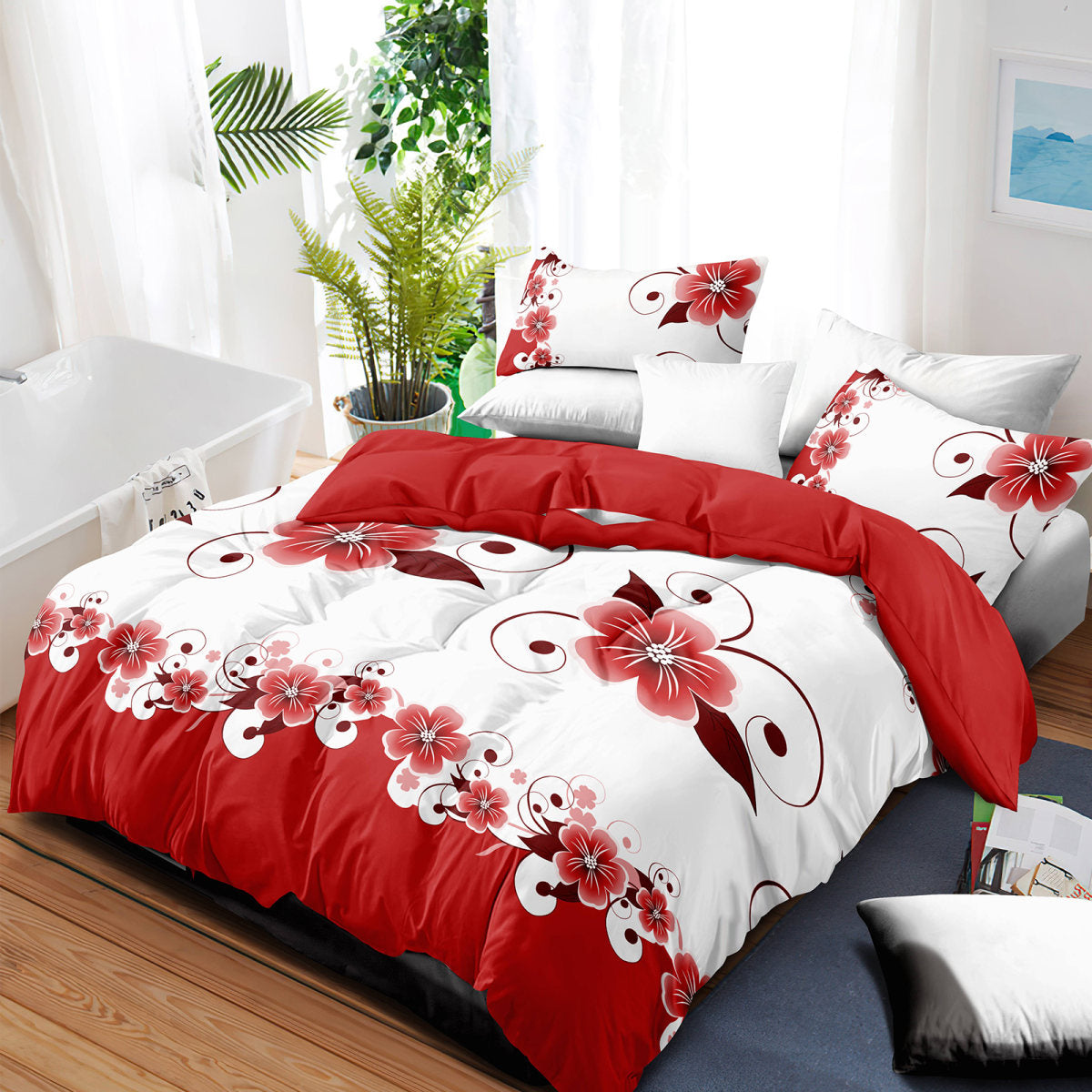 5 Piece Duvet Cover Set, Red And White Floral Bedding, Botanical Comforter Cover, Reversible High Gsm Bed Linen, Matching Pillow Shams, Throw Pillow Cases, Hidden Zipper Closure, 4 Corner Ties, Pet Fr