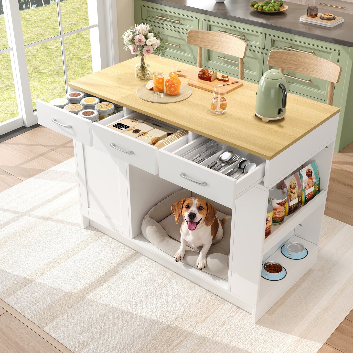 Kitchen Island, Cabinet With 3 Drawers, 1 Spice Rack, Adjustable Shelf Top, Double Shelf  Without Dog Food Plate , Spacious Pet Storage Area  Without Dog Cushion , 120X60X90 Cm, White