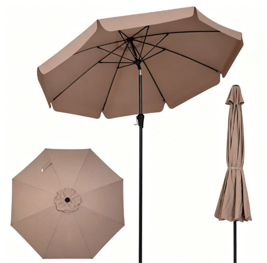 Brown 10ft Scalloped Patio Umbrella With Push Button Tilt, Vented Outdoor Market Parasol With Crank Lift,Fiberglass Ribs Sun Shade For Deck Poolside