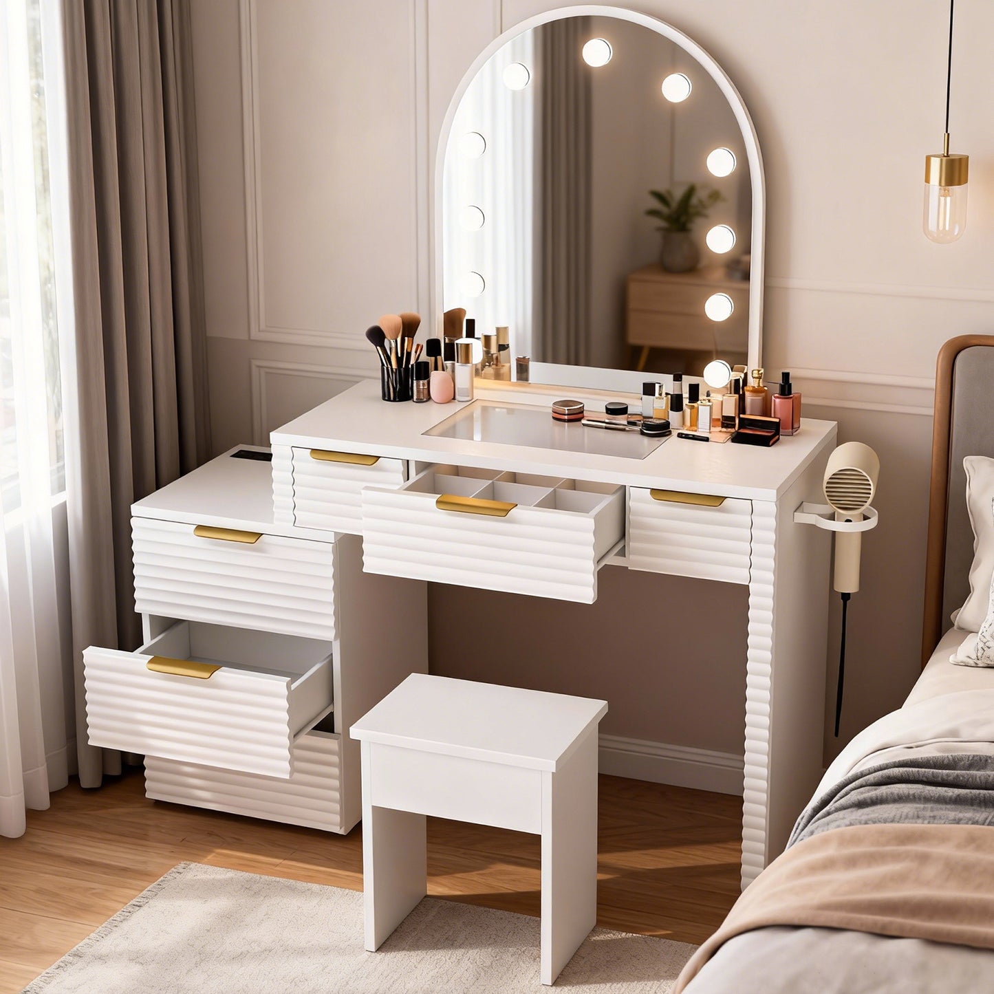 Makeup Vanity Desk With Mirror Lights Glass Tabletop 3 Lighting Modes Adjustable Vanity Table Modern Makeup Desk With Chair Power Outlet And 6 Drawers For Bedroom