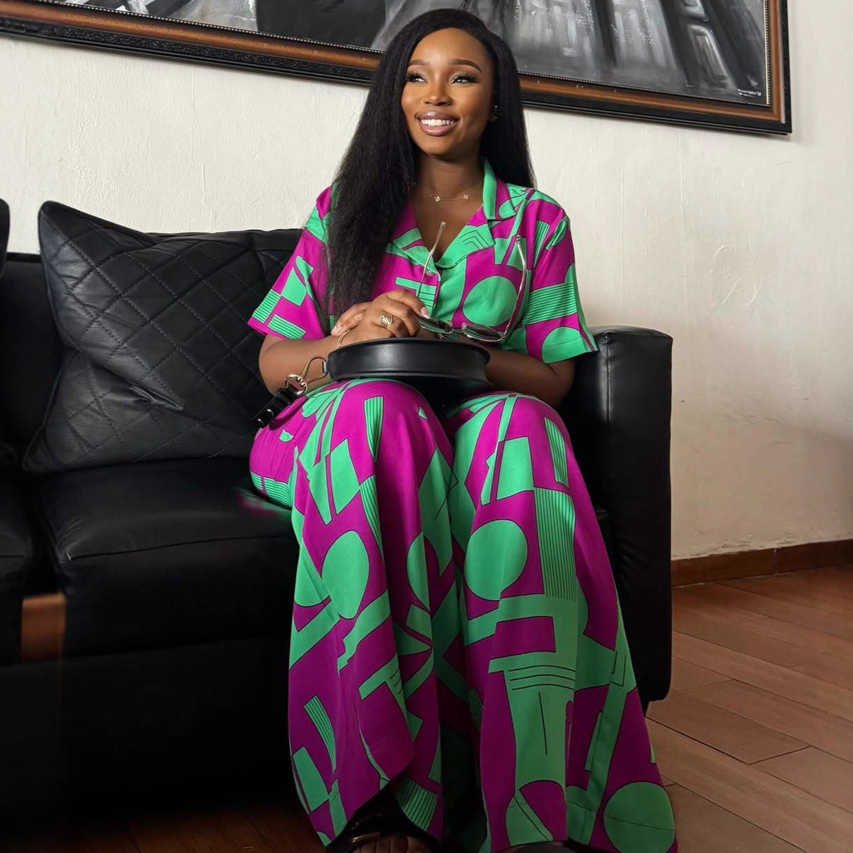 Womens Fashion Chic Printed Short-sleeve Top And Pants Two-piece Set