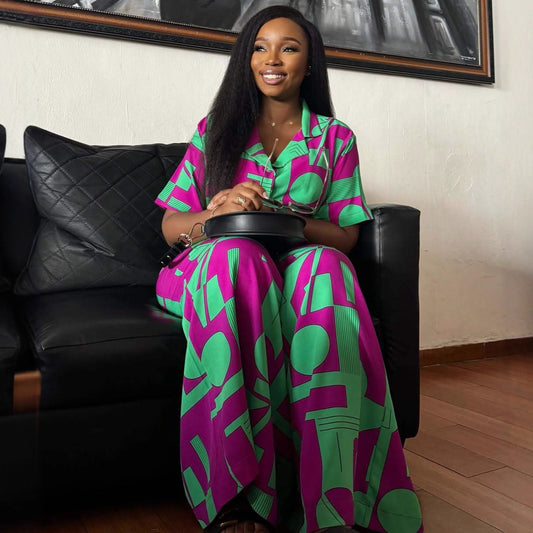 Womens Fashion Chic Printed Short-sleeve Top And Pants Two-piece Set