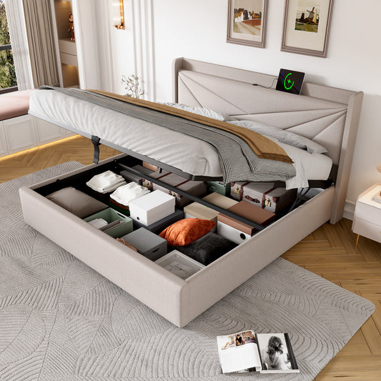 Upholstered Bed Double Bed Storage Storage Box With USB Type C Charging Function Headboard,Storage Beds Bed Frame Made Of Linen Material Youth Bed Bed 140x200 With Slatted Base  Without Mattress