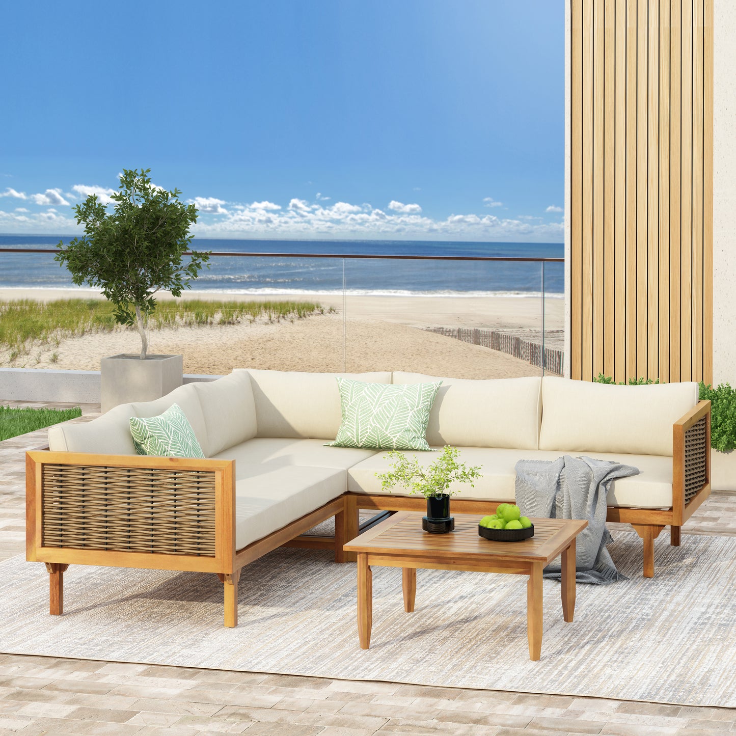 SECTIONAL SEATING GROUP WITH WATERPROOF CUSHIONS - PREMIUM OUTDOOR SOFA SET BEIGE CUSHION