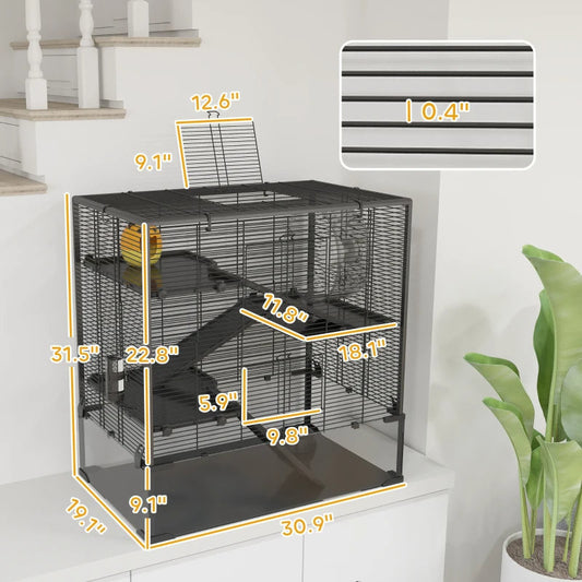 4 Tier Hamster Cage With Deep Tempered Glass Bottom, Running Wheel, Hut, Water Bottle, Food Dish,