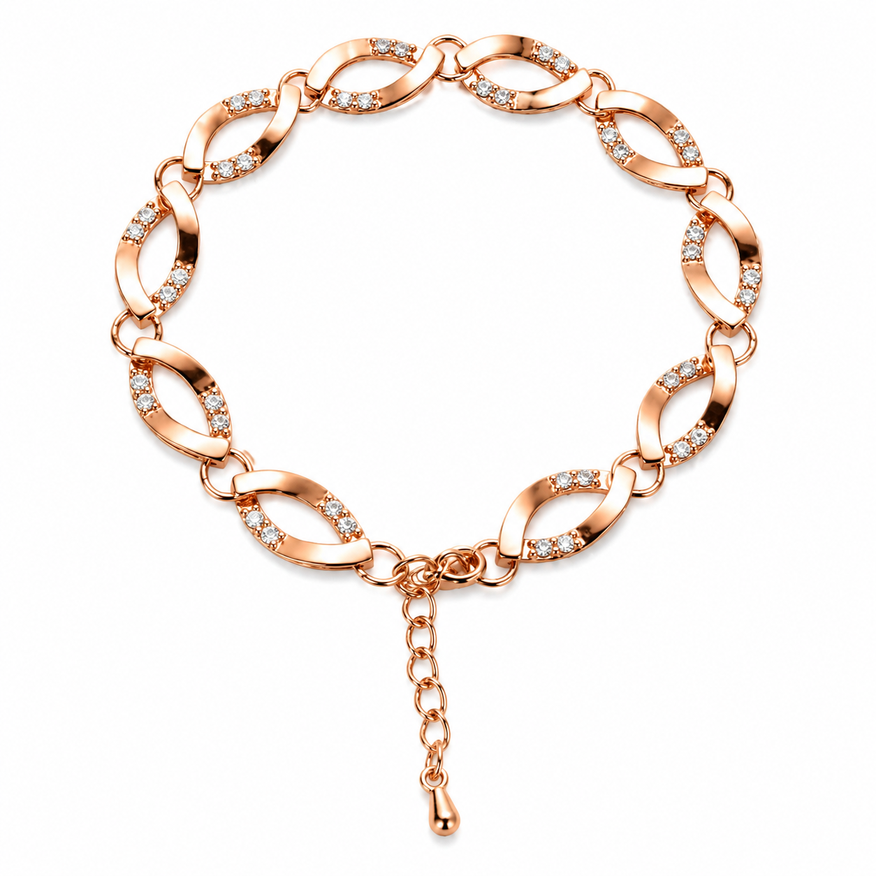 Rose Gold Twisted Oval Link Cubic Zirconia Bracelet For Women, Copper Plated Silver Dainty Adjustable Extension Chain Sparkling Wedding Daily Jewelry Gift