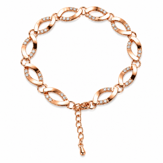 Rose Gold Twisted Oval Link Cubic Zirconia Bracelet For Women, Copper Plated Silver Dainty Adjustable Extension Chain Sparkling Wedding Daily Jewelry Gift
