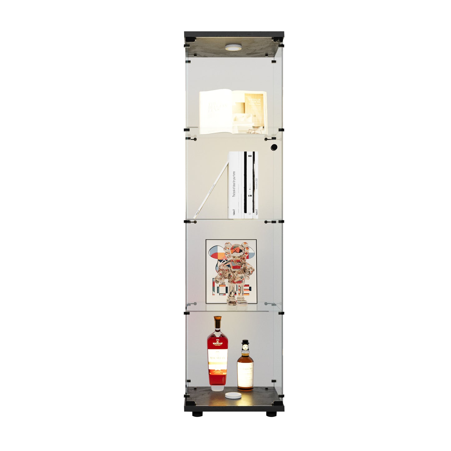 LED Lights  Glass Display Cabinet 4 Shelves With Door, Floor Standing Curio Bookshelf For Living Room Bedroom Office, 64.7 X 16.7 X 14.3 , Black