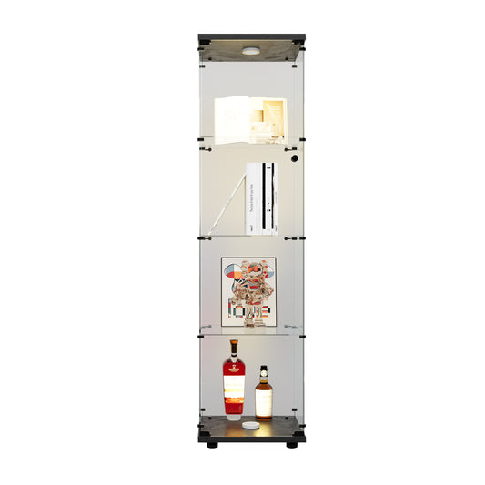 LED Lights  Glass Display Cabinet 4 Shelves With Door, Floor Standing Curio Bookshelf For Living Room Bedroom Office, 64.7 X 16.7 X 14.3 , Black