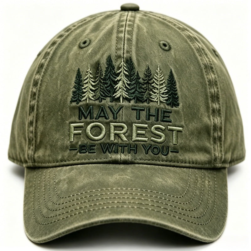 Water-washed, Distressed Forest-themed Embroidered Outdoor Casual Baseball Cap