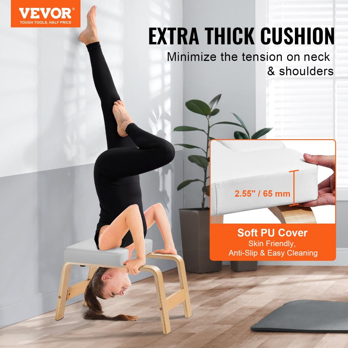 Yoga Kopfstandbank Inversionsstuhl 136 Kg Tragkraft Für Das Familien-Fitnessstudio, Kopfstandtrainer Mit Holzrahmen Und PU Polster, Stand-Yoga-Hocker Für Kraft- Und Gleichgewichtstraining Weiß