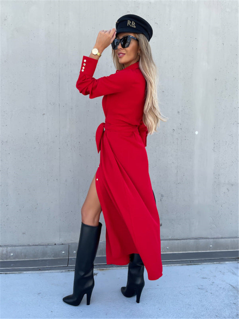 Women's Elegant Lapel Collar Long Sleeve Button Down Belted Shirt Dress, Casual Maxi Dresses With Slit For Office & Daily Wear