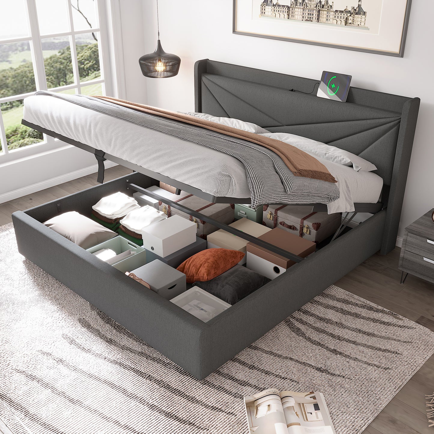 Upholstered Bed Double Bed Storage Bed Box With USB Type C Charging Function Headboard,Storage Beds Bed Frame Made Of Linen Material Youth Bed Bed 160x200 With Slatted Base  Without Mattress