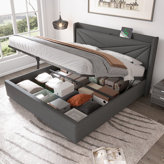 Upholstered Bed Double Bed Storage Bed Box With USB Type C Charging Function Headboard,Storage Beds Bed Frame Made Of Linen Material Youth Bed Bed 160x200 With Slatted Base  Without Mattress