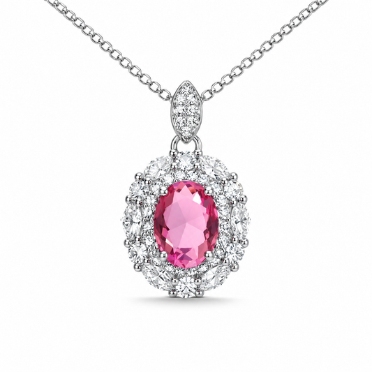 Oval Cut Hot  CZ Double Halo Pendant Necklace For Women, Copper Plated Silver White Cubic Zirconia Vintage Floral Halo Wedding Bridal Statement Jewelry Gift