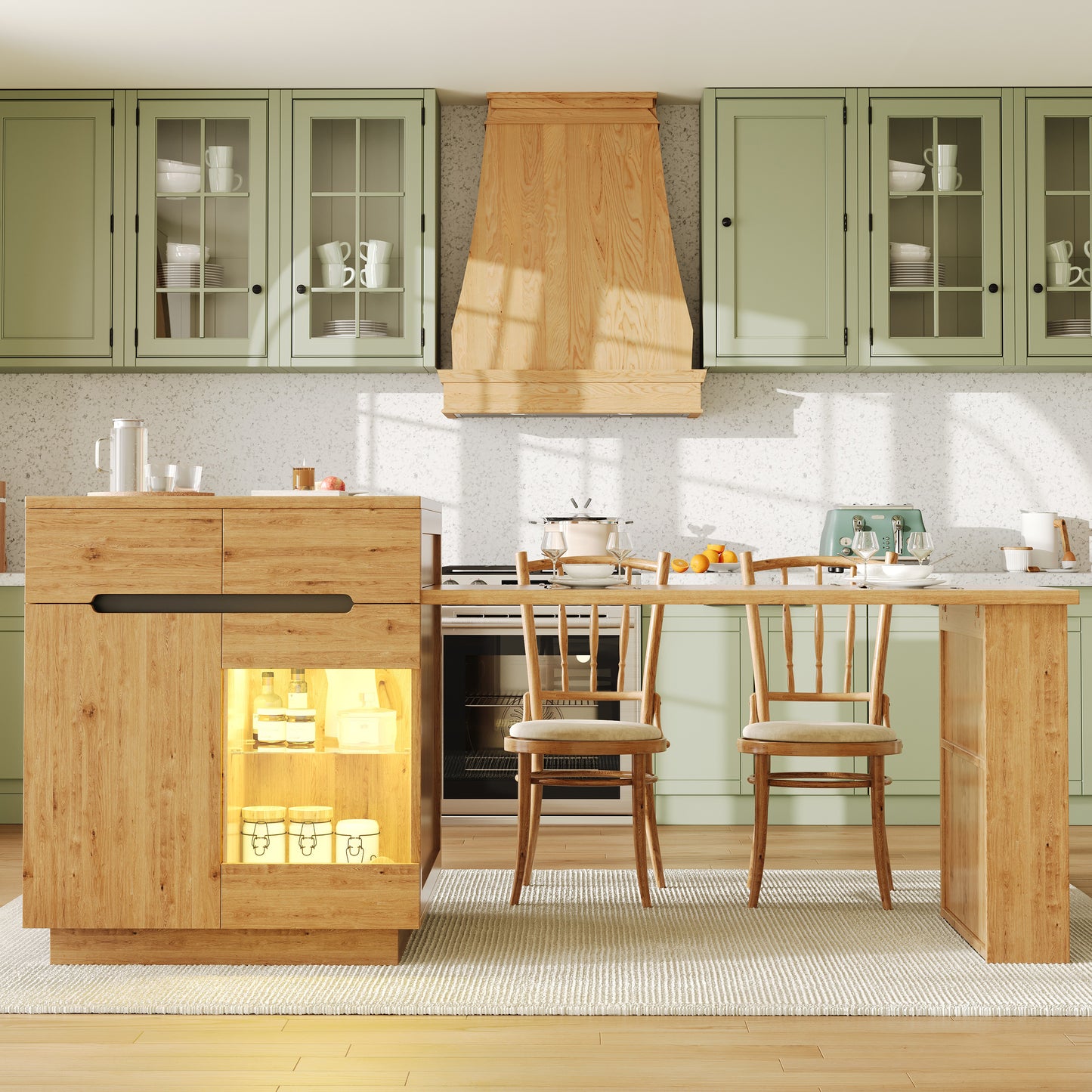 Kitchen Island With Extendable Table, Multifunctional Kitchen Storage Cabinet With LED Lighting  App Control , Oak Effect, Glass Door, For Kitchen & Dining Room